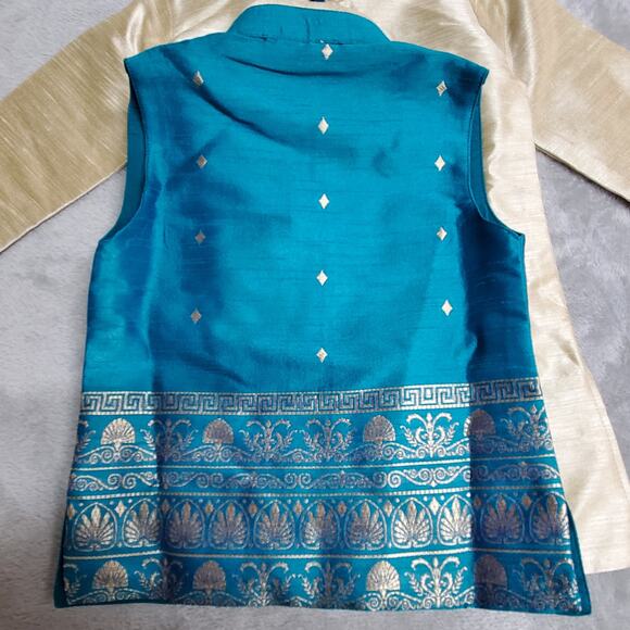 Kurta Suit Jacket & Vest Boys 2 Blue Turqoise Gold Button Front Wedding Indian - Picture 4 of 16
